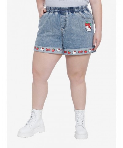 Hello Kitty Strawberry Elastic High-Waisted Denim Shorts Plus Size $13.65 Shorts