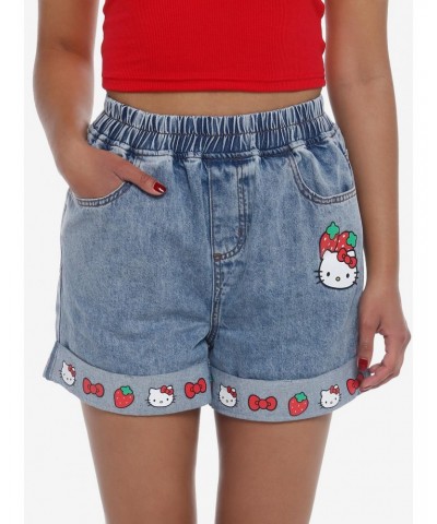 Hello Kitty Strawberry Elastic High-Waisted Denim Shorts $9.90 Shorts
